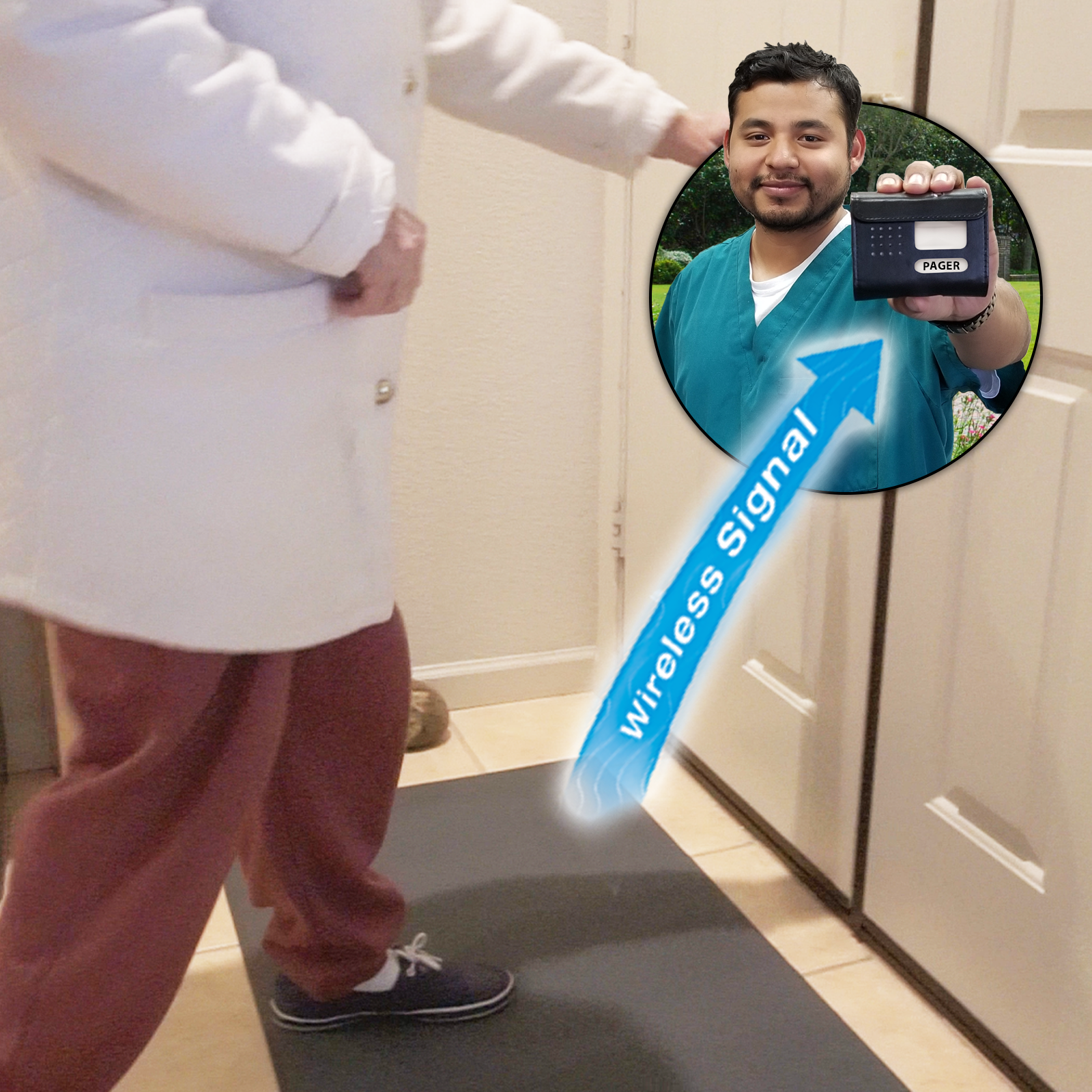 Floor mat exit alarm for the elderly. Elderly women activating floor mat sensor to caregiver pager by walking out front door